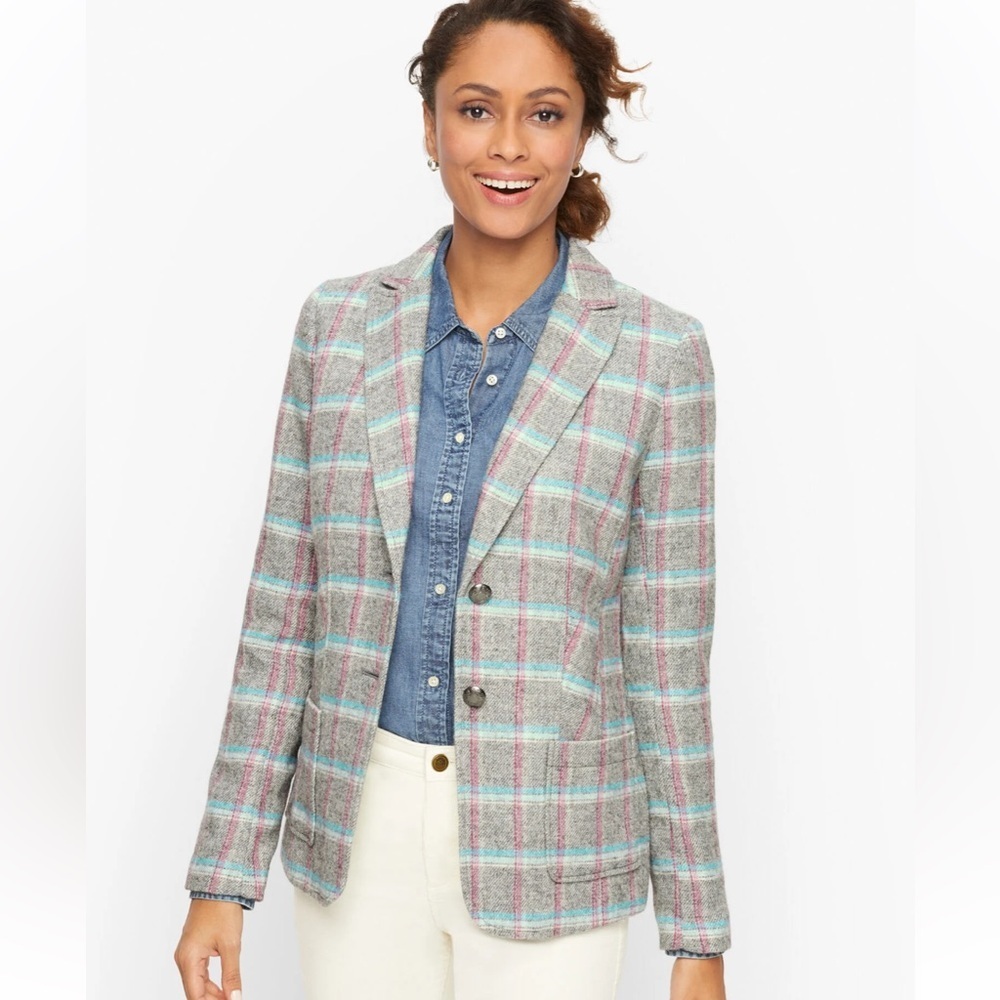 Talbots Classic Shetland Plaid Blazer Wool Blend Academia Preppy Gray Size 6P